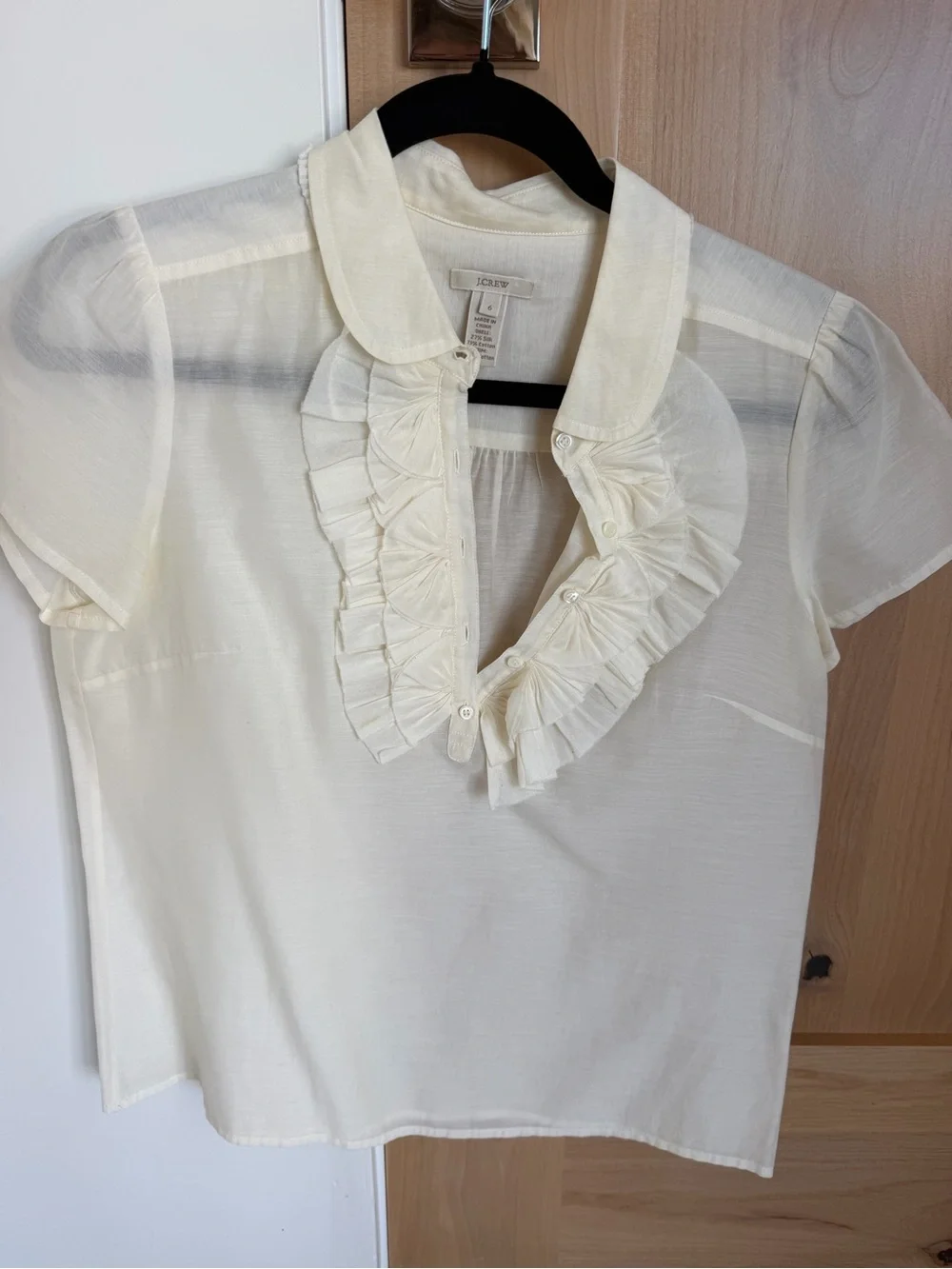 J. Crew Cream Ruffled Collar Short Sleeve Blouse